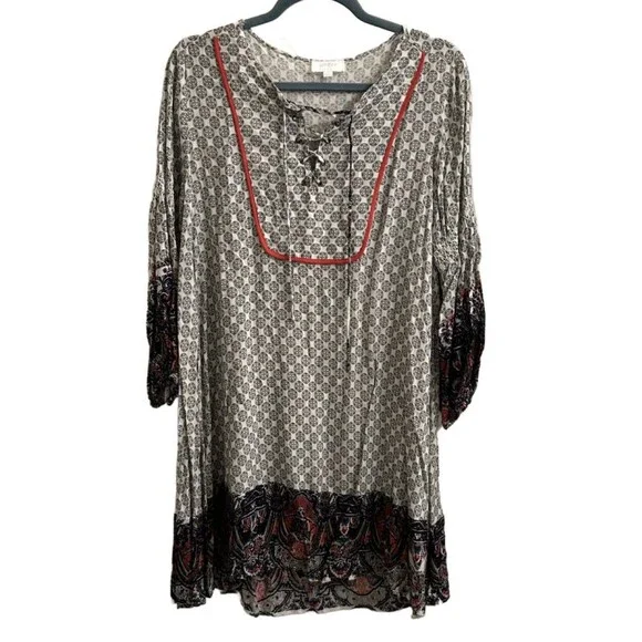 Umgee USA Women’s Tunic Dress Embroidered Boho Hi Low Medallion Gathered Hem Med - Picture 2 of 8